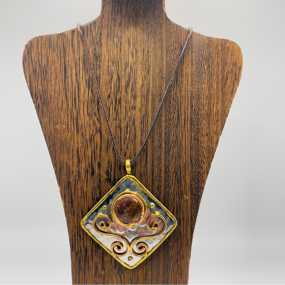 Artisan Swirl Silver, Gold and Copper Pendant Necklace with 18” Leather Cord